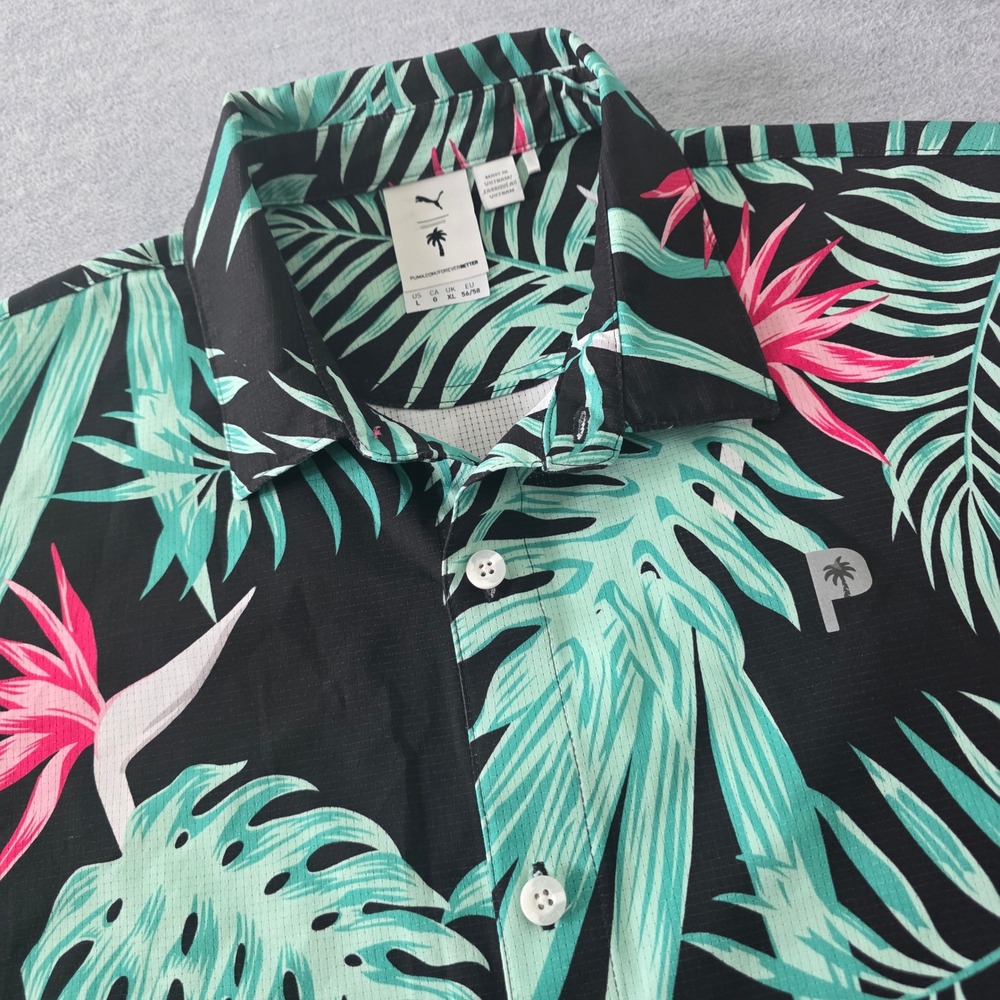 Puma Golf Palm Tree Crew Mens Large Tropical Floral Button Down Shirt 539204-02